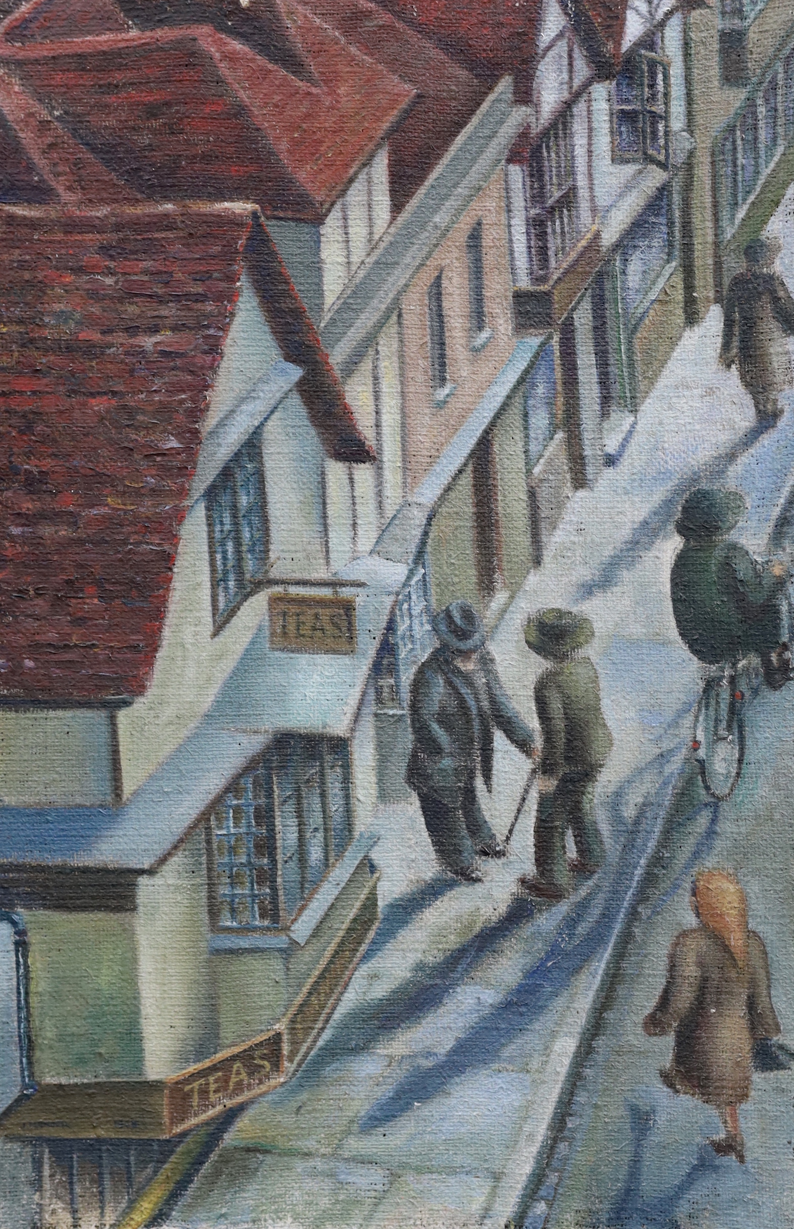 John Blundell (20th. C) oil on canvas, street scene with figures, signed and dated 1948, 76cm x 51cm, unframed